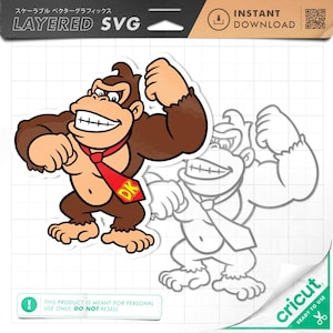 Op de afbeelding: Een digitaal grafisch bestand met een bruine gorilla die een rode stropdas draagt met de gele letters DK. De afbeelding bevat een kleurenversie en een zwart-wit omtrekversie van het personage op een witte achtergrond met een raster.