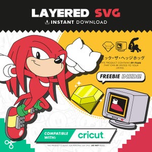 May include: A digital graphic featuring the red character Knuckles with white gloves and red shoes, a yellow gem, and a computer monitor displaying a red shoe icon. Text includes LAYERED SVG, INSTANT DOWNLOAD, FREEBIE INSIDE, and COMPATIBLE WITH cricut.