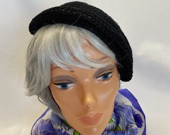 2 Clean Black KNIT BERET Tam & Lovely Violet Scarf  *Vintage Headwear*