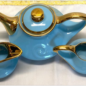 Pearl China Co. ALADDIN Azure Blue & 22 Kt. Gold TEAPOT 4 Pc. Set - Mid Century Art Deco MINT Collectible Condition!