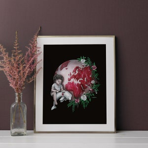 May include: A framed illustration of a child sitting on a globe shaped like a piece of meat. The globe is surrounded by flowers and greenery. The child is holding a knife and a piece of meat. The background is black.