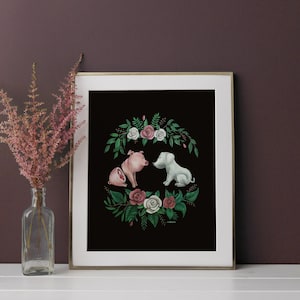 Weird Home Decor | Dog and Meat Pig | Pop Surrealism | Lowbrow Art | Dark Botanical Black Wall Art