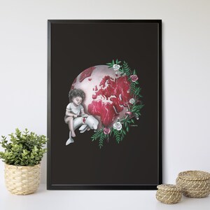 May include: A black and white illustration of a child sitting on a globe shaped like a piece of meat. The globe is surrounded by flowers and greenery. The child is holding a knife and a white whale.