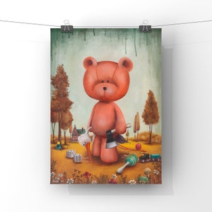 Poster Teddy Bear and Stork / odd and cute art for childless people or parents with a dark sense of humor / Grumble Bear
