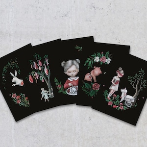Ensemble de 5 cartes postales / Droits des animaux / Art végétalien « À propos de la viande »
