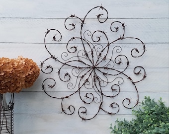 Barbed Wire Swirl; Wrought Iron Swirl; Barbed Wire Wall Decor; Rustic Decor; Front Door; Wall Hanging; Farmhouse Decor; Western Decor