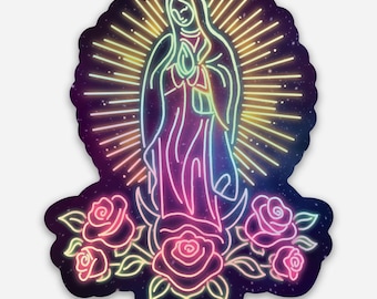 May include: A sticker featuring a neon-style illustration of the Virgin Mary with a halo and roses. The design uses a gradient of colors, including pink, purple, and yellow, against a dark background with stars.