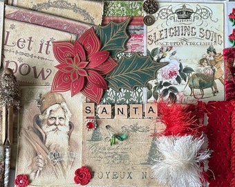 Vintage Christmas Santa inspiration kit for journals and scrapbooks, vintage embellishments, ephemera, card stock, trims, charms and more