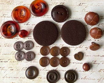 Vintage dark brown buttons, fabric, leather and plastic button lot for crafts and sewing, journal embellishments- 25 brown buttons