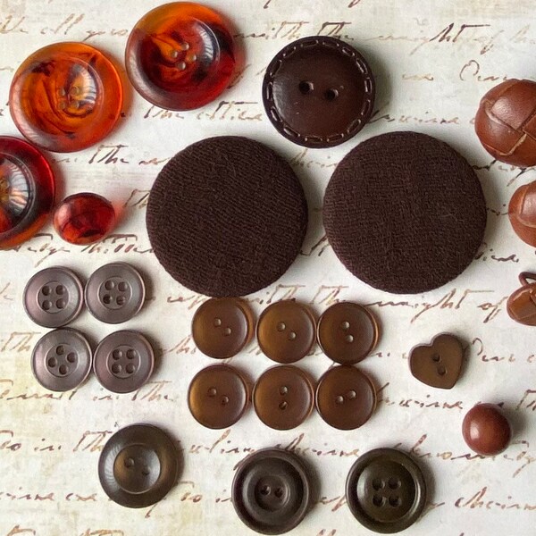 Vintage dark brown buttons, fabric, leather and plastic button lot for crafts and sewing, journal embellishments- 25 brown buttons