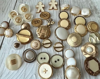 Vintage white and gold metal buttons for crafts and sewing, 40 buttons