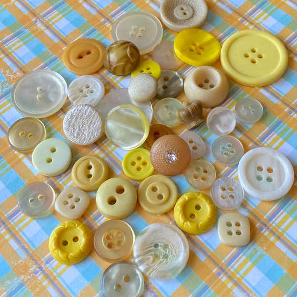 Vintage yellow buttons, cottage chic yellow plastic button lot for crafts, journal embellishments and sewing- 40 buttons