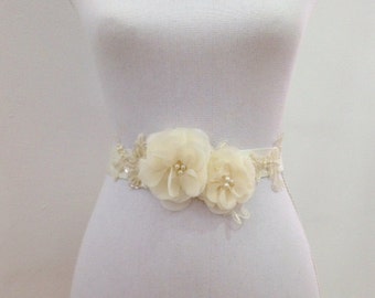 Bridal Ivory Flower Sash, Wedding Dress Belt