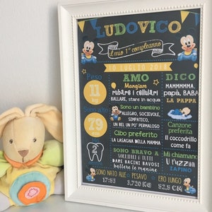 Könnte beinhalten: Eine schwarze Tafel mit gelbem Rahmen, verziert mit Mickey-Maus-Figuren, zeigt die Informationen zum ersten Geburtstag eines Kindes an. Die Tafel listet den Namen des Kindes, Ludovico, das Geburtsdatum, das Gewicht, die Größe und andere Details auf. Die Tafel ist in einem weißen Rahmen gerahmt.