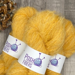 Fuzzy Posh. Sunglow yellow. Suri alpaca wool yarn with Merino and Nylon. Hand Dyed Yarn. Hand Dyed Alpaca. DK weight. Knit. Crochet. Weave.