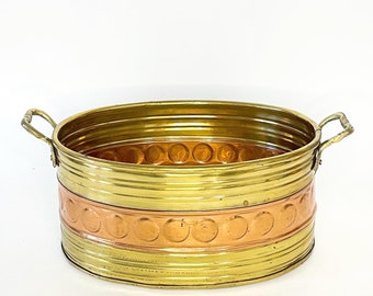 France #G-3647 Vintage Copper Pan Planter Brass Handles Rolled Lip Ceramic Handles Lion Feet Dovetail Seams Paris
