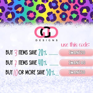 May include: A graphic with a pink and white logo that says "GG Designs". The graphic has a pink, white, and blue color scheme and includes text that says "Buy 3 items save 20%, Buy 7 items save 40%, Buy 10 or more save 50%". The graphic also includes three pink buttons with the text "IWANT20", "IWANT40", and "IWANT50".