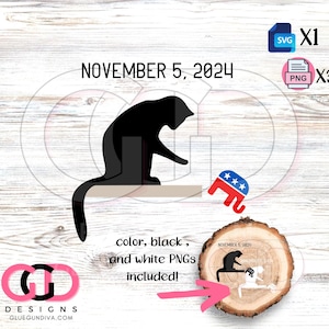 Peut inclure: Une silhouette de chat noir assise sur une plateforme avec une silhouette d'éléphant rouge, blanc et bleu tombant de la plateforme. Le texte "NOVEMBER 5, 2024" est au-dessus du chat et de la plateforme. Le texte "color, black, and white PNGs included!" est en dessous du chat et de la plateforme.