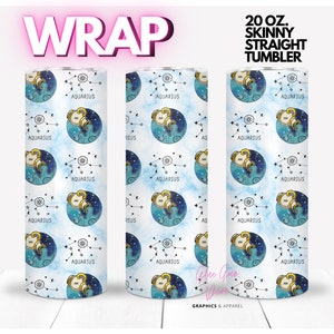 AQUARIUS Background, Zodiac sign  | WRAP for Skinny 20 0z straight tumbler - png format