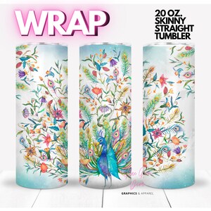 PEACOCK beautiful feathers flowers colorful  | WRAP for Skinny 20 0z straight tumbler - png format