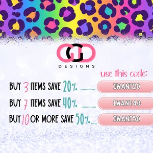 May include: A graphic with a pink and white logo that says "GG Designs". The graphic has a pink, white, and blue color scheme and includes text that says "Buy 3 items save 20%, Buy 7 items save 40%, Buy 10 or more save 50%". The graphic also includes three pink buttons with the text "IWANT20", "IWANT40", and "IWANT50".
