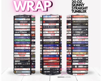 80s CASSETTE TAPES, bands, rock, pop | WRAP for Skinny 20 0z straight tumbler - png format