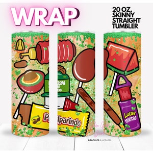May include: A 20 ounce skinny straight tumbler wrap design featuring a colorful illustration of various Mexican candies, including lollipops, a watermelon-shaped candy, and a chocolate bar. The background is a glittery orange and green design.