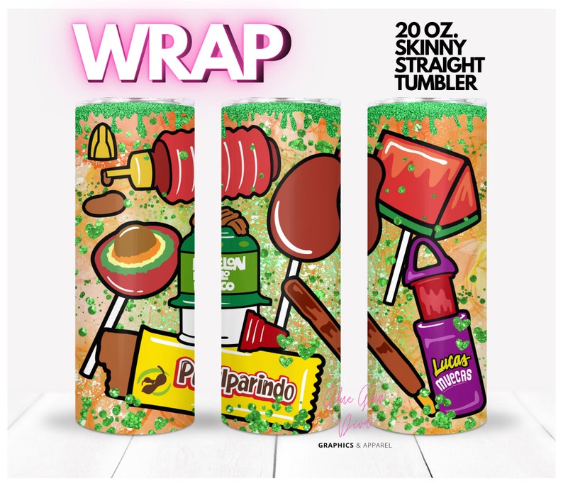May include: A 20 ounce skinny straight tumbler wrap design featuring a colorful illustration of various Mexican candies, including lollipops, a watermelon-shaped candy, and a chocolate bar. The background is a glittery orange and green design.