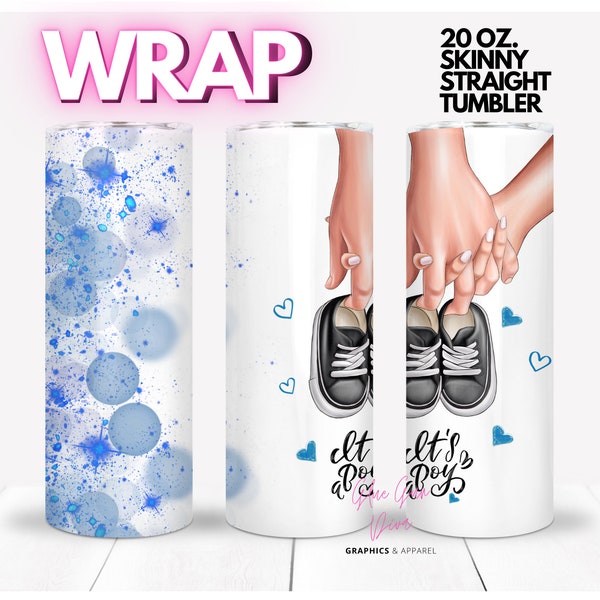 It's a BOY! Parents holding hands and a baby boy shoe, gender reveal, announcement | WRAP for Skinny 20 0z straight tumbler - png format