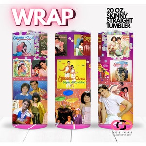 May include: A 20 oz. skinny straight tumbler with a wrap-around design. It features vintage album covers and images of Enrique and Ana. The tumbler has a pink and purple background with the word "WRAP" at the top.