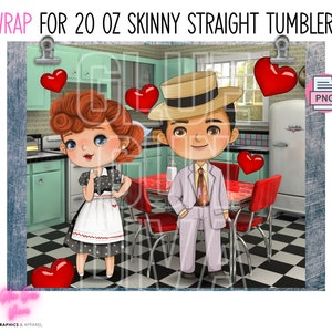 Puede incluir: Una ilustración digital de una pareja en un ambiente de restaurante de los años 50. La mujer lleva un vestido de lunares negros y blancos con un delantal blanco. El hombre lleva un traje gris claro con una camisa blanca y una corbata roja. Están de pie frente a una mesa a cuadros rojos y blancos con un puesto rojo detrás de ellos. Hay corazones rojos flotando a su alrededor. El fondo es un suelo a cuadros azules y blancos.