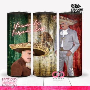 Envoltorio para vaso delgado de 20 onzas con diseño de mariachi y cantante de bandera mexicana de Vicente Fernández - formato png