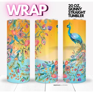 PEACOCK bright beautiful feather flowers colorful  | WRAP for Skinny 20 0z straight tumbler - png format