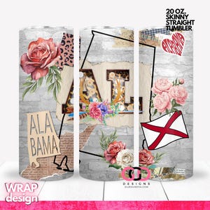 ALABAMA State Flower Collage, rustique, western, country, roses, sublimation léopard | WRAP for Skinny 20 0z gobelet droit - format png