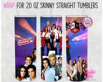 May include: Tumbler wrap for 20 oz skinny straight tumblers. The design features a group of people in red and white outfits, with the word "REBELDE" and a logo with the letters "RBD". The background has a purple and orange gradient.