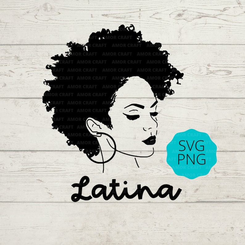 May include: Black and white line art illustration of a woman with an afro hairstyle and large hoop earrings. The text "Latina" is written below the image.