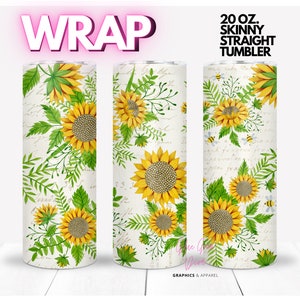 Bees and Sunflowers Script background | WRAP for Skinny 20 0z straight tumbler - png format