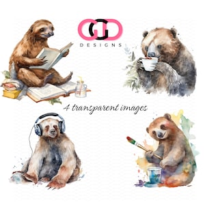 SLOTH images coffee, painter, headphones, book reader, transparent - png format