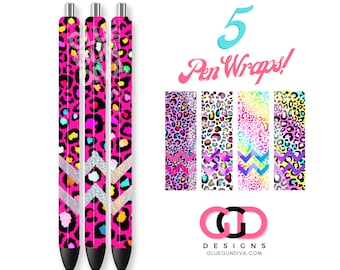 May include: Three pink pen wraps with a leopard print design and a silver chevron pattern. The image also shows five additional pen wrap designs with various leopard prints and a turquoise number 5 and the words "Pen Wraps!"