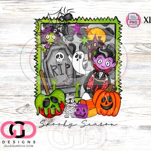 Spooky Season Colorful Characters, cute halloween pumpkin, vampire, mummy, zombie, spider, candy corn, collage, sublimation image - PNG