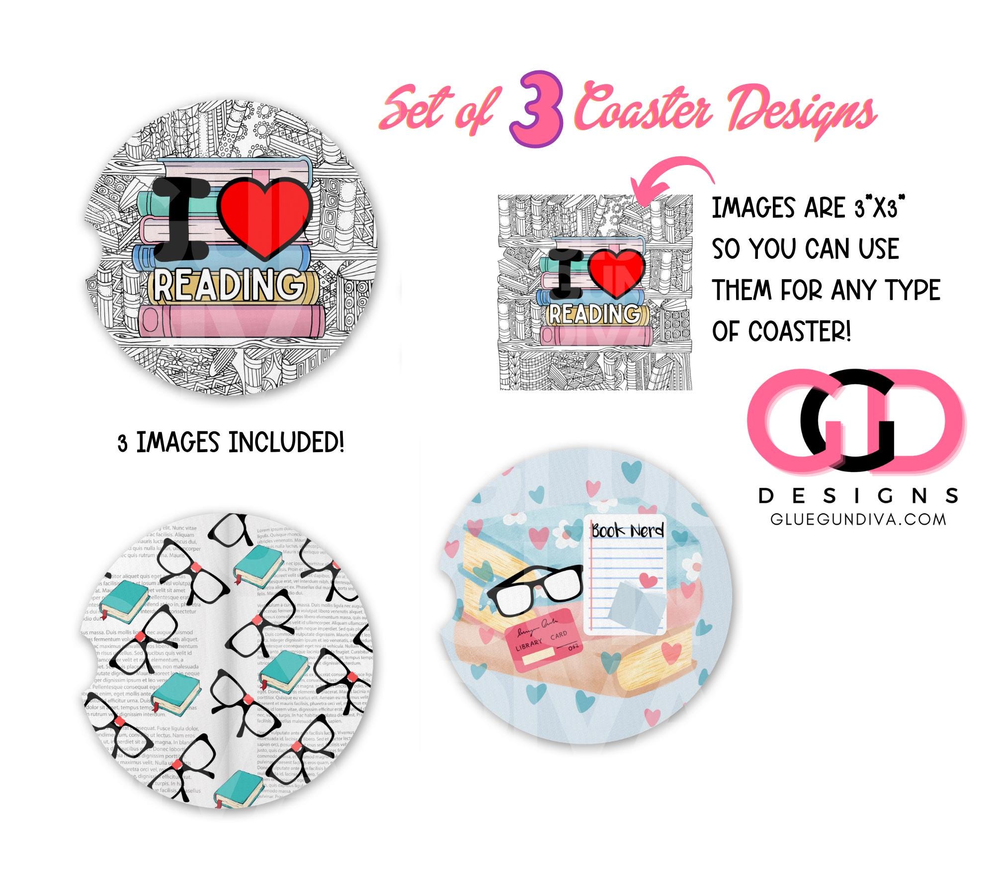 I Love READING Coaster Designs, sublimation, back to school, teacher students | Car Coaster or Square Coasters png format