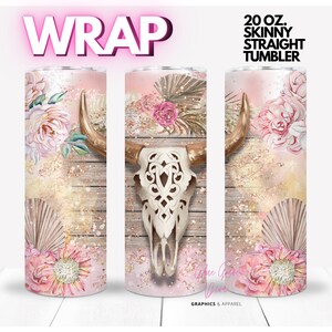 Carved Cow Skull Lace Boho Flowers | WRAP for Skinny 20 0z straight tumbler - png format