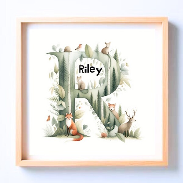 Personalised name sign Initial,  Custom Woodland Print, Nursery Wall Art Wall Decor