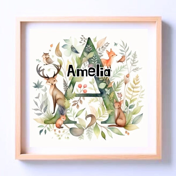 Personalised name sign Initial,  Custom Woodland Print, Nursery Wall Art Wall Decor