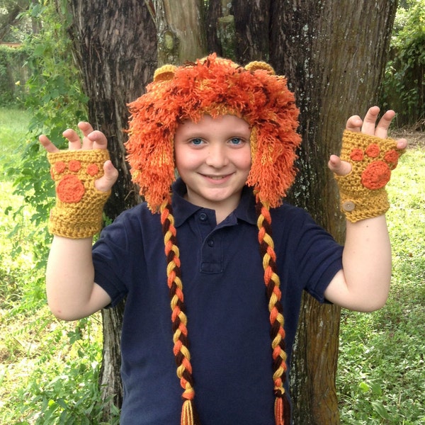 Lion Hat and Fingerless Gloves- Crochet Lion Beanie- Lion Costume Prop