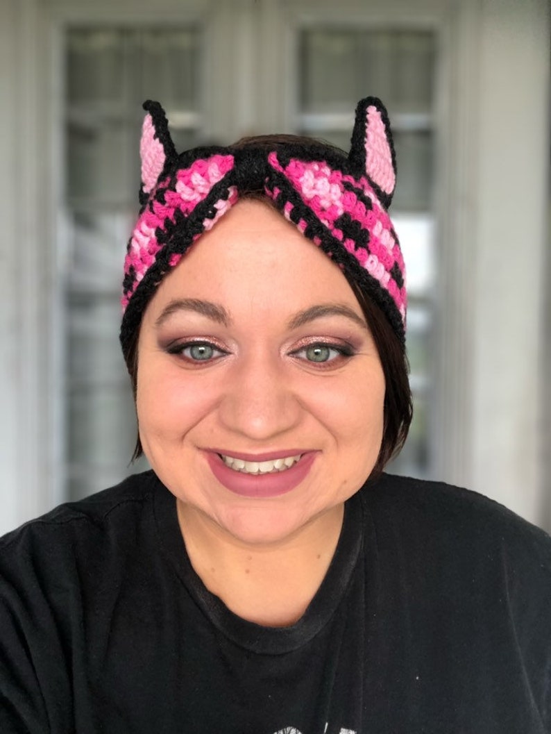 Crochet Cat Ear Warmer Plaid Winter Headband Pink Plaid Cat Ear Warmer