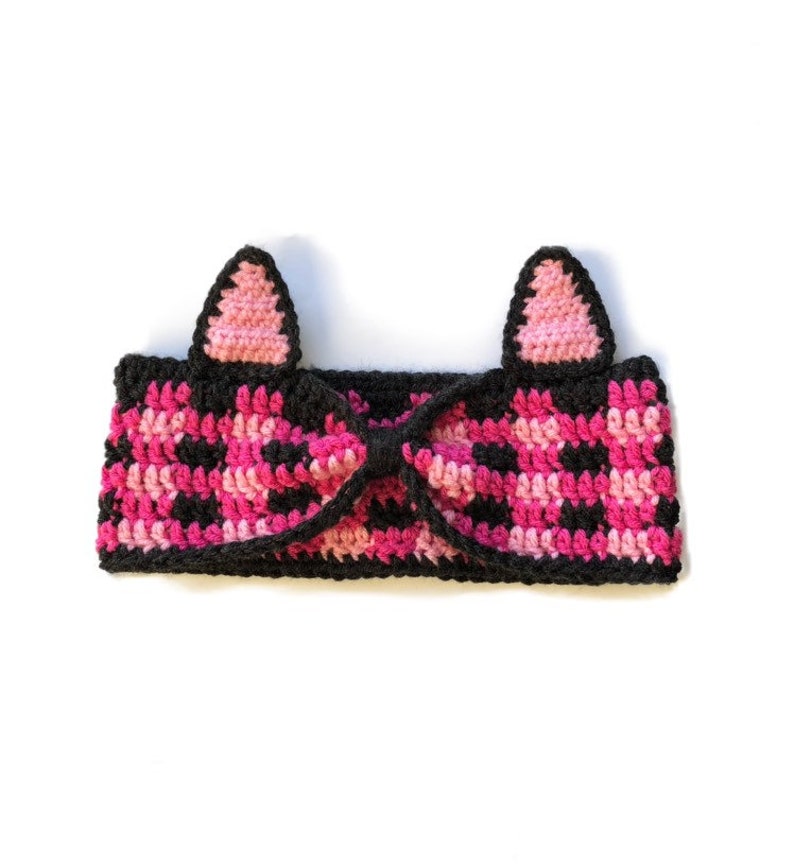 Crochet Cat Ear Warmer Plaid Winter Headband Pink Plaid Cat Ear Warmer