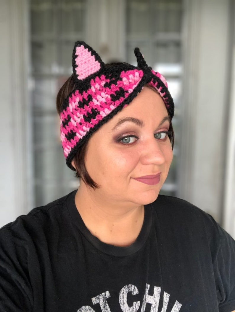 Crochet Cat Ear Warmer Plaid Winter Headband Pink Plaid Cat Ear Warmer