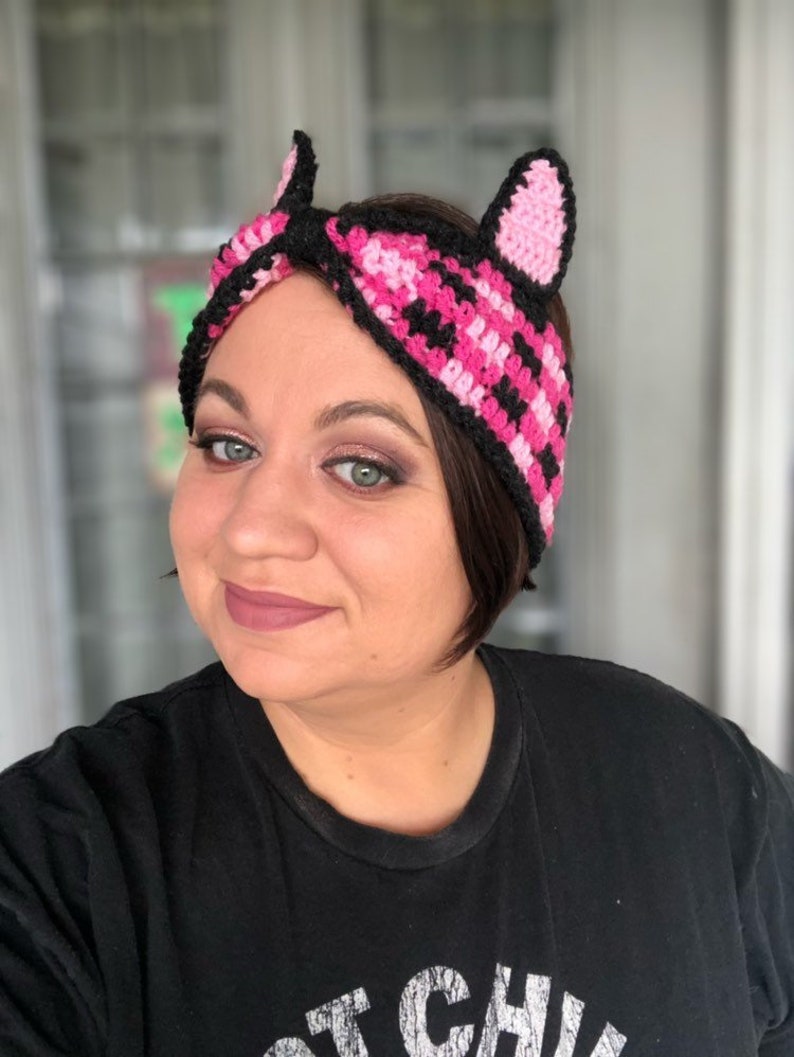 Crochet Cat Ear Warmer Plaid Winter Headband Pink Plaid Cat Ear Warmer