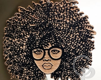 African woman Afro silhouette wooden engraved natural hair coils glasses earrings black
